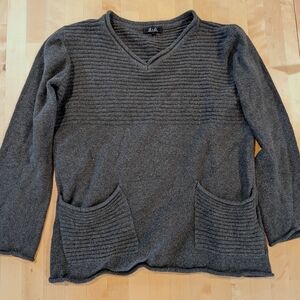 Grey V-Neck Sweater with Pockets